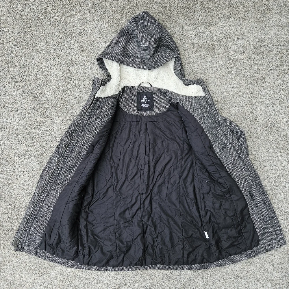 Prana Megan Black Tweed Duffle Wool Blend Jacket Sherpa Hood Toggle Womens XS